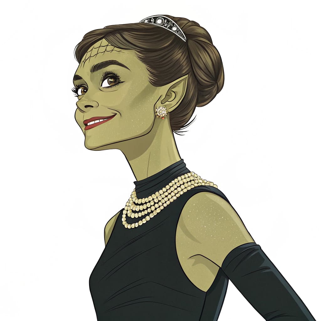 AI generated: Modeled after Audrey Hepburn from breakfast at tiffany's. Olive skin female alien human hybrid with ...