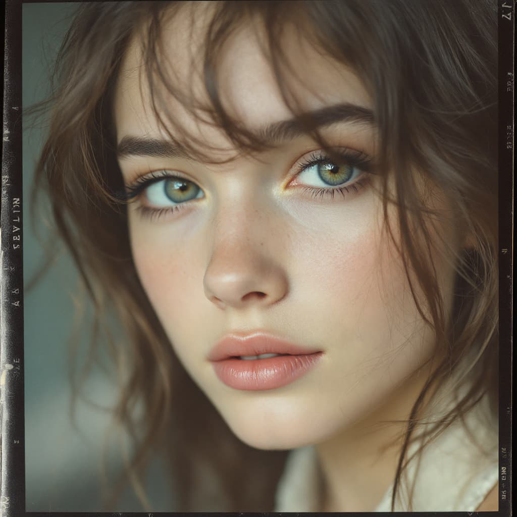 AI generated:  girl, 18-21 years old, brown hair, high-quality photo portrait, shot on a Polaroid camera, double e...
