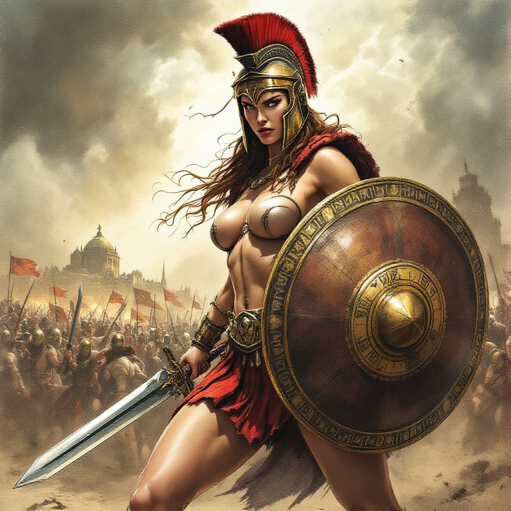 AI generated: Comic book realistic illustration, full body shot of a young gorgeous Spartan woman with thick aesth...
