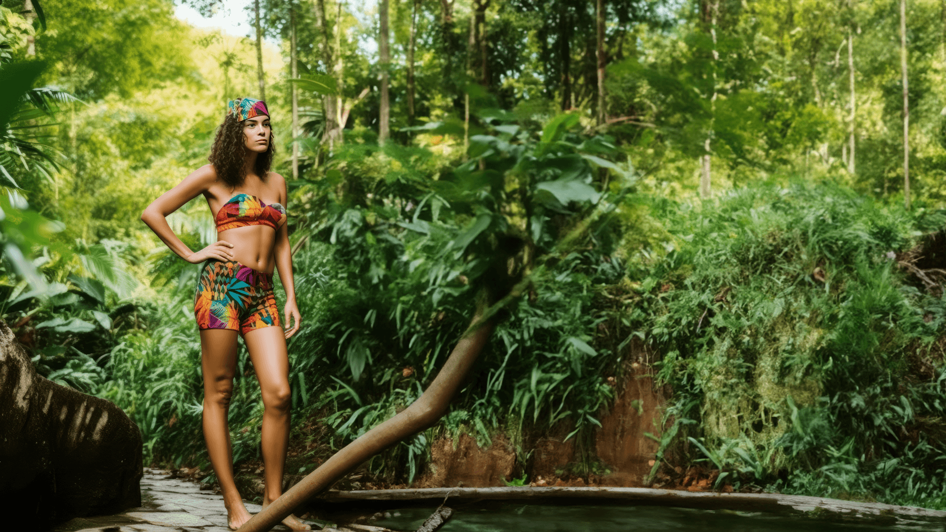 AI generated: Capture the essence of a confident, adventurous woman as she stands amidst the lush, long legs, full...