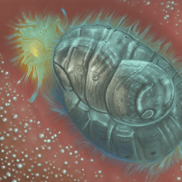 AI generated: tardigrade under a micro electron microscope, Intricate detail. Warm light. oil painting by James Gu...