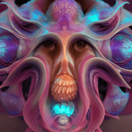 AI generated: Goddess close-up portrait ribcagel. jellyfish phoenix head, nautilus, orchid, skull, betta fish, bio...
