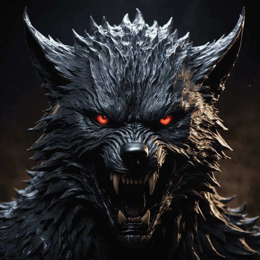 AI generated: wolf from hell with a hellihley evil face, TENEBROSO DARK FANTASY, catcore