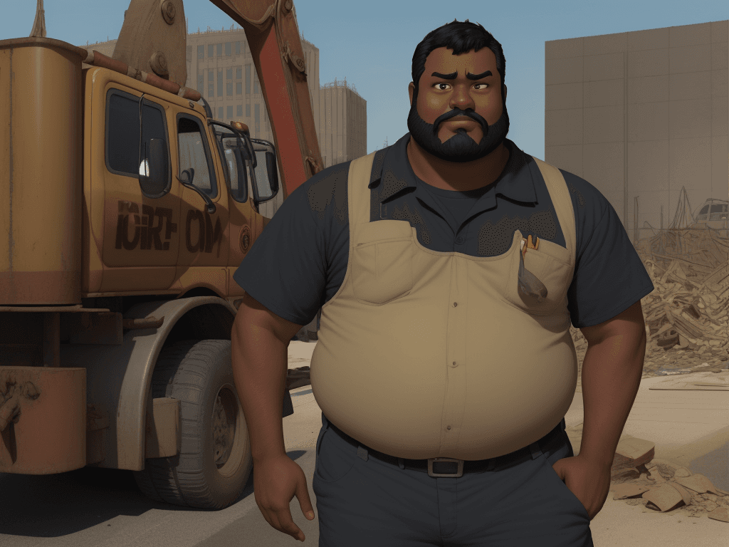 AI generated: Wide shot in PIXAR cartoon style of a 50-year-old light dark-skinned firefighter in a construction w...