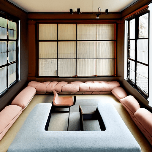 AI generated: High resolution photography interior design, dreamy sunken living room conversation pit, wooden floo...