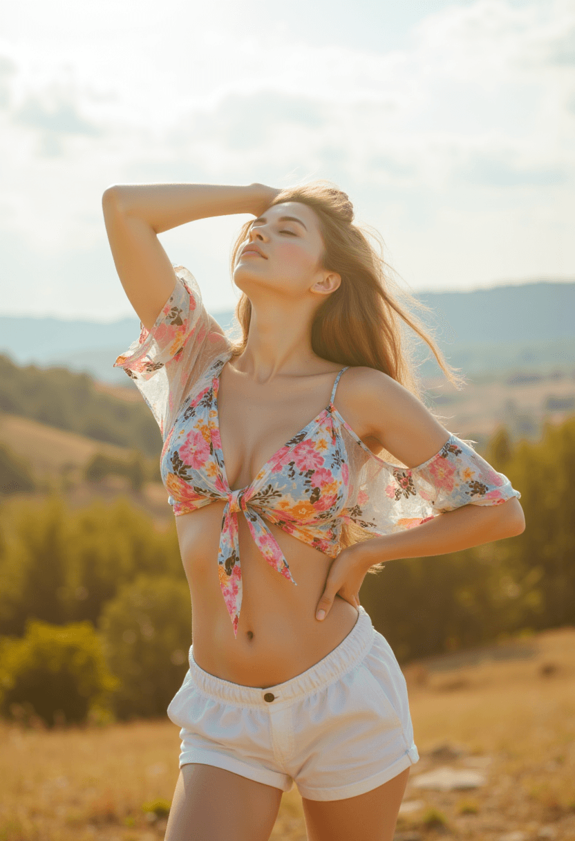 AI generated: A woman with natural dark blonde hair, wearing a colorful flower patterned, loose top tied at the wa...