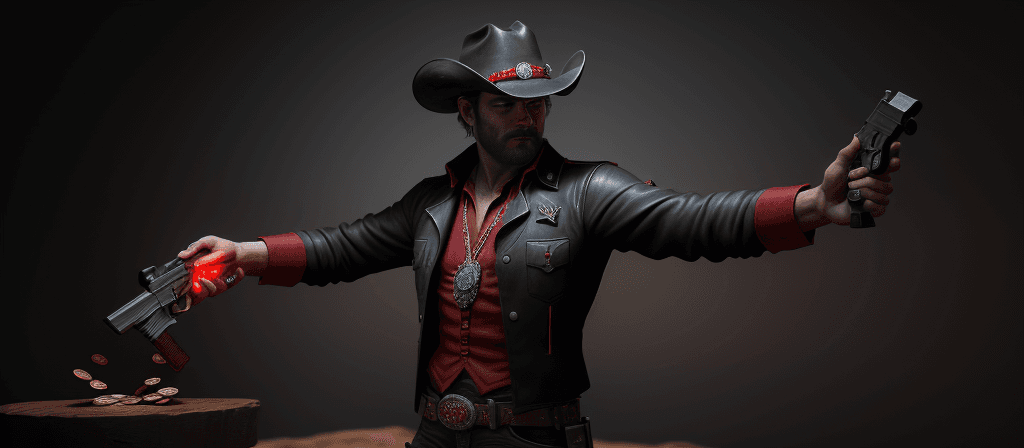 AI generated: 3d render of the cowboy is holding a gun on outstretched arms, coins are being poured  from the palm...
