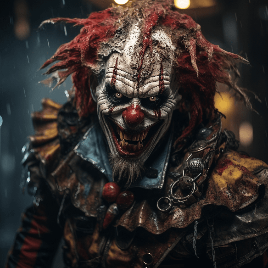 AI generated: hyper detailed masterpiece photography of a clown with a hellishly evil soul, (insane, stunning, dra...