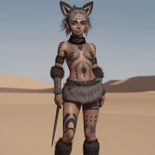 AI generated: full body of a cute warrior princess in a desert, with black face paint, grey hair, brown big eyes, ...