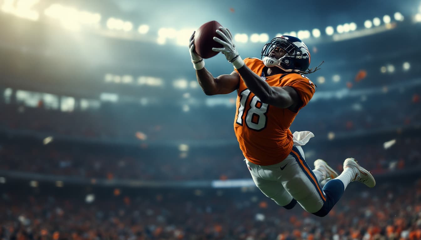 AI generated: American football player, mid-air dive, catching football, orange uniform, number 18 jersey, dramati...