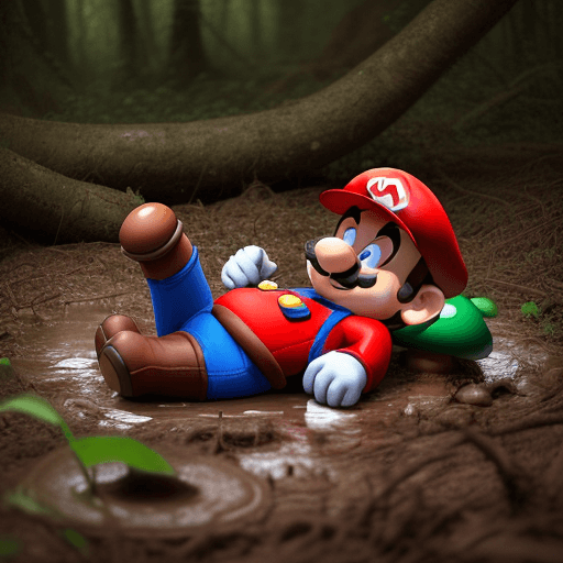 AI generated: Realistic photo of a man wearing a super mario costume laying on the ground in the mud in the forest...