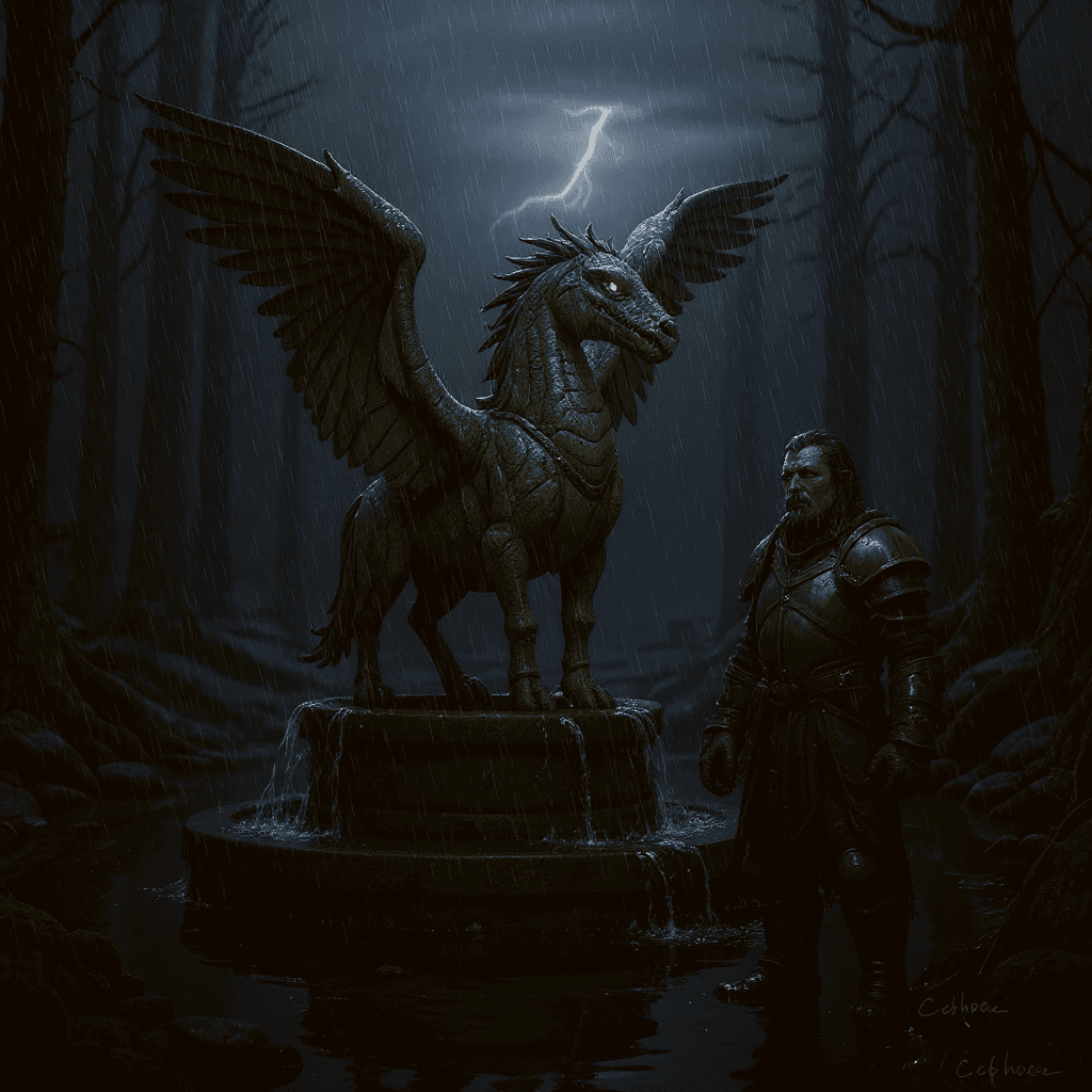 AI generated: A lone guardian stands beside an ancient, moss-covered stone fountain at dusk. In the center of the ...