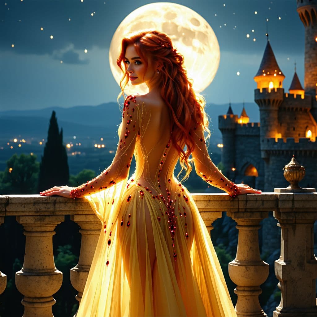 AI generated: A breathtaking woman with long, flowing wavy white with bright red and bright yellow hair stands on ...