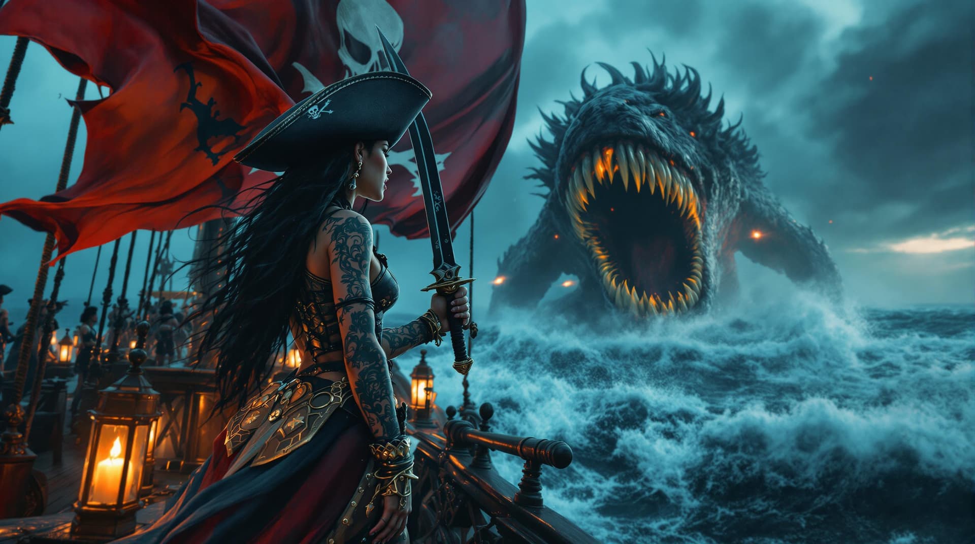 AI generated: a cinematic wide shot of A commanding Native Caribbean Female pirate captain standing tall holding a...