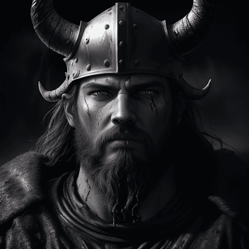 AI generated: Close-up of Viking King emerging from wet black mud :: Dark metal helmet with two large black horns ...