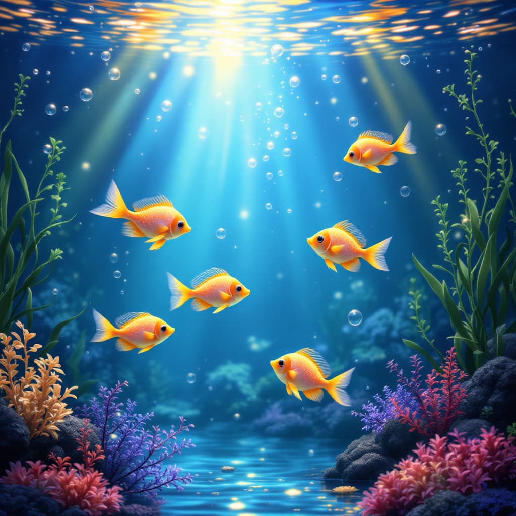 AI generated: "A serene and mesmerizing underwater scene featuring vibrant, glowing exotic fish swimming gracefull...