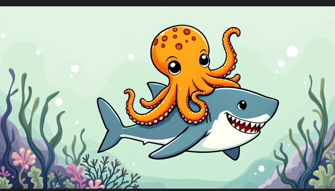AI generated: Illustration of a cartoon octopus riding a cartoon shark in the ocean. The octopus is orange with br...