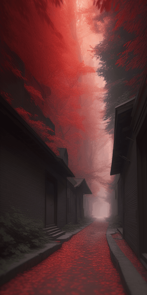 AI generated: a professional photographic view picture of an alley in a red forest, photographic filter unreal eng...