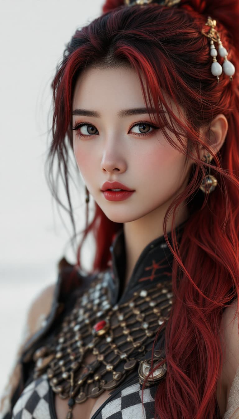 AI generated: full body with good shape, Pretty Chinese Girl with magenta colored hair, A stunning minimalist 3D C...