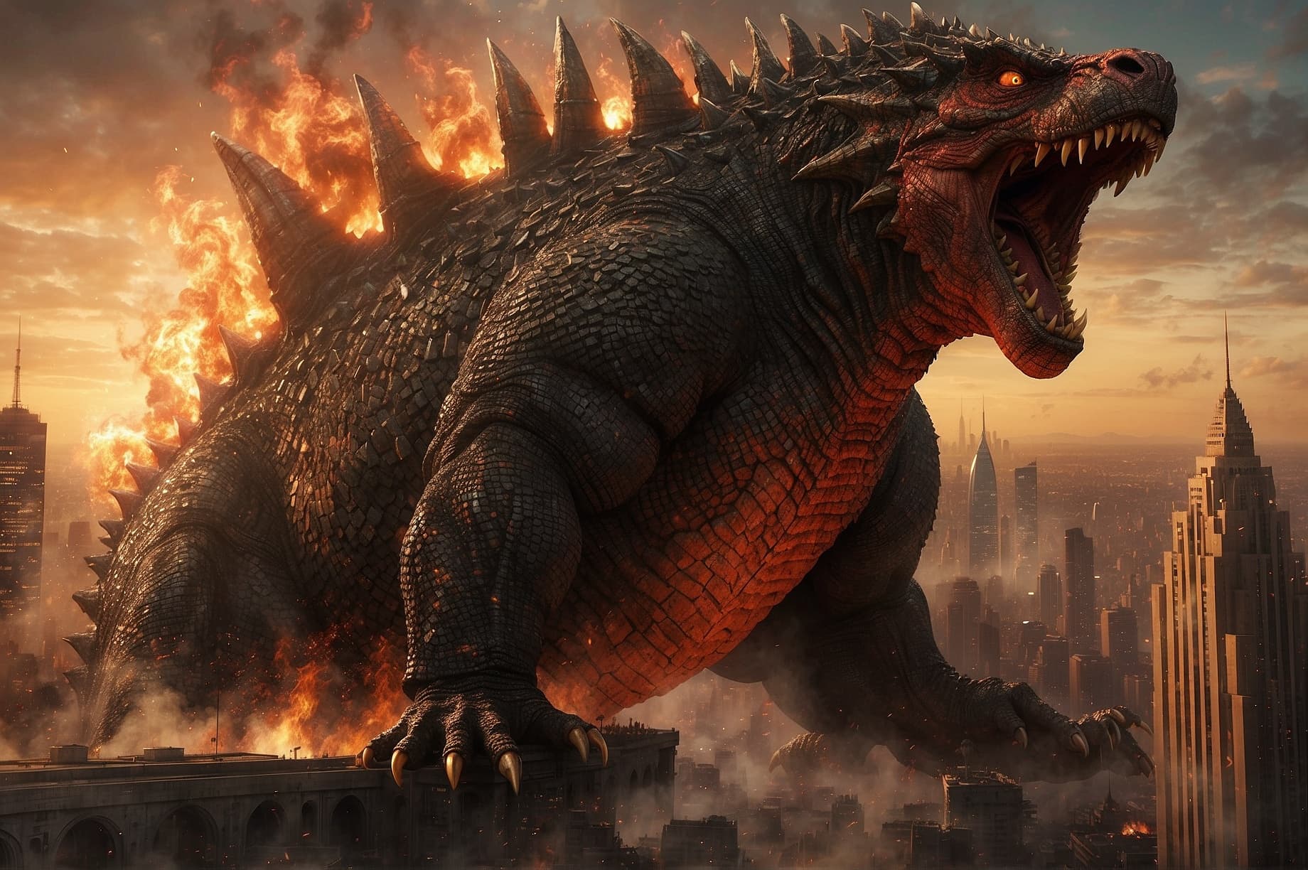 AI generated: A monstrous Godzilla, known for its destructive nature, unleashes chaos upon a bustling city. This v...