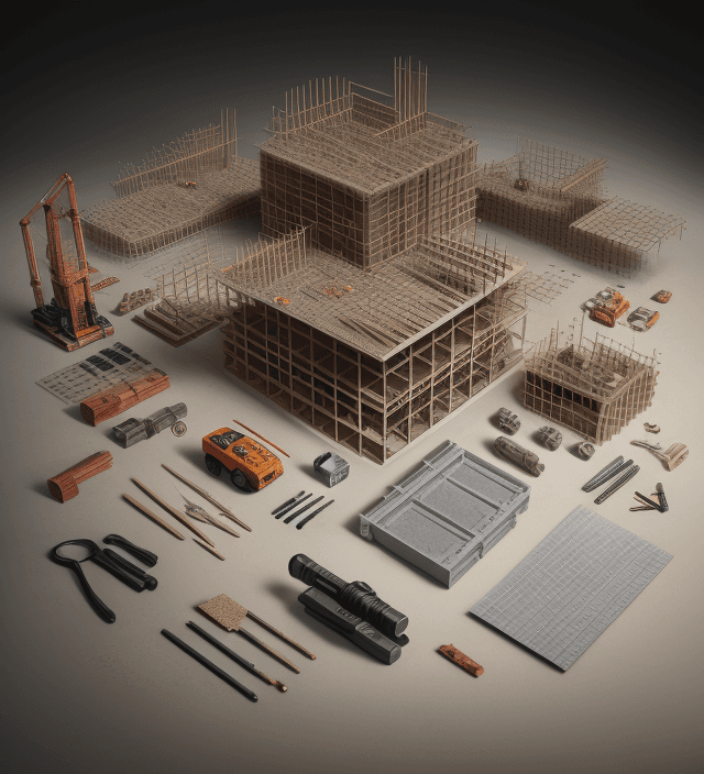 AI generated: Knolling of construction materials from the 60s, photoreal --s 750, hyper realistic,