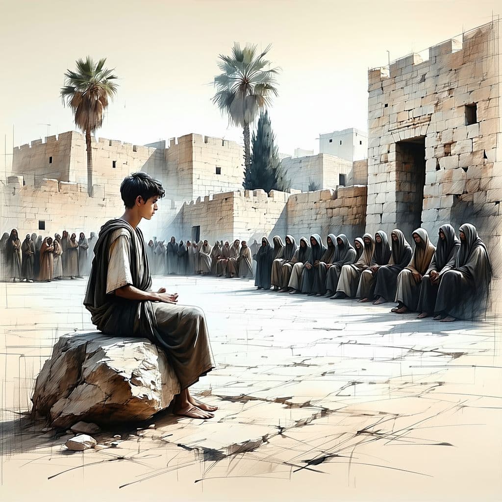 AI generated: A charcoal or graphite pencil sketch of a young man seated on a rock in a town square in 10 AD Pales...