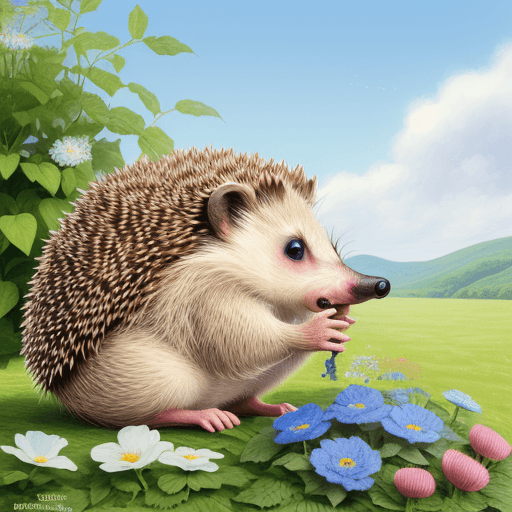 AI generated: hedgehog smelling a flower | clear blue sky | intricate artwork by Beatrix Potter | cottagecore aest...