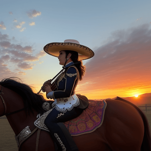 AI generated: MARIACHI MUJER SENTADA EN UN CABALLO CON EL ATARDECER A SU DETRAS
