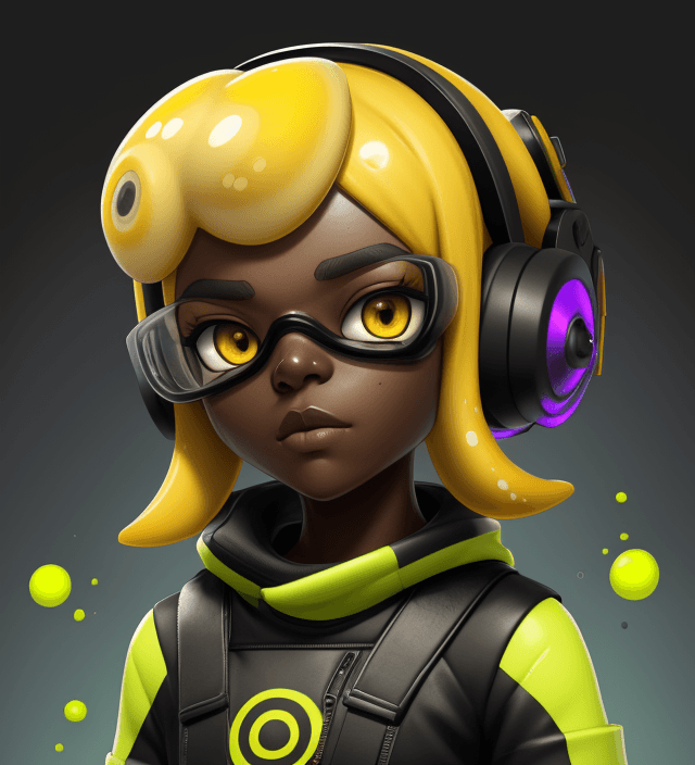 AI generated: splatoon, inkling, short hair, dark skin, yellow hair, mindless, drone, visor, hypnotized