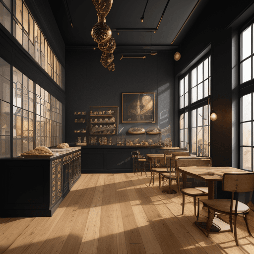AI generated: High resolution interior design photography, artisan bakery, wooden floor, bauhaus furniture and dec...