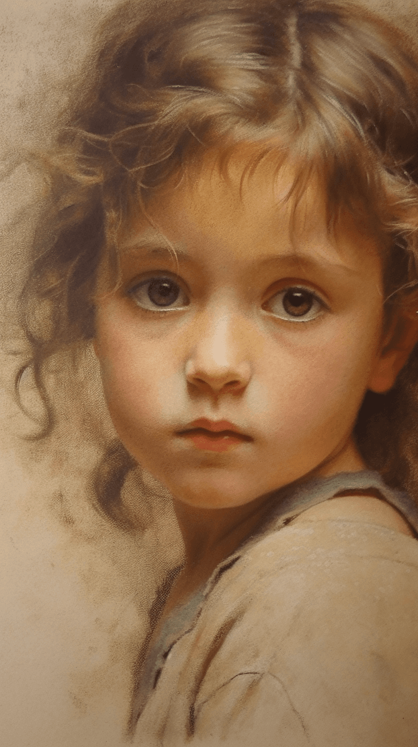 AI generated: Realistic portrait painting on paper, depicting the soulful eyes of a child, part of an innocent inn...