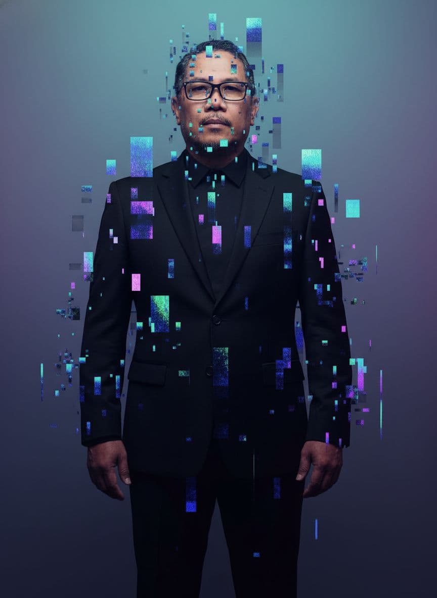AI generated: realistic portrait, man (image provided) contemporary styled, staring to camera, wearing a minimalis...