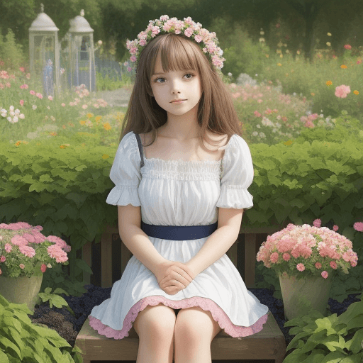 AI generated: a  cute girl sitting in a garden full of flowers