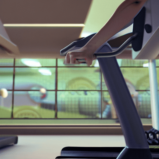 AI generated: A person who eats bread while working out on a running machine, gym background, photorealistic, f1.4...