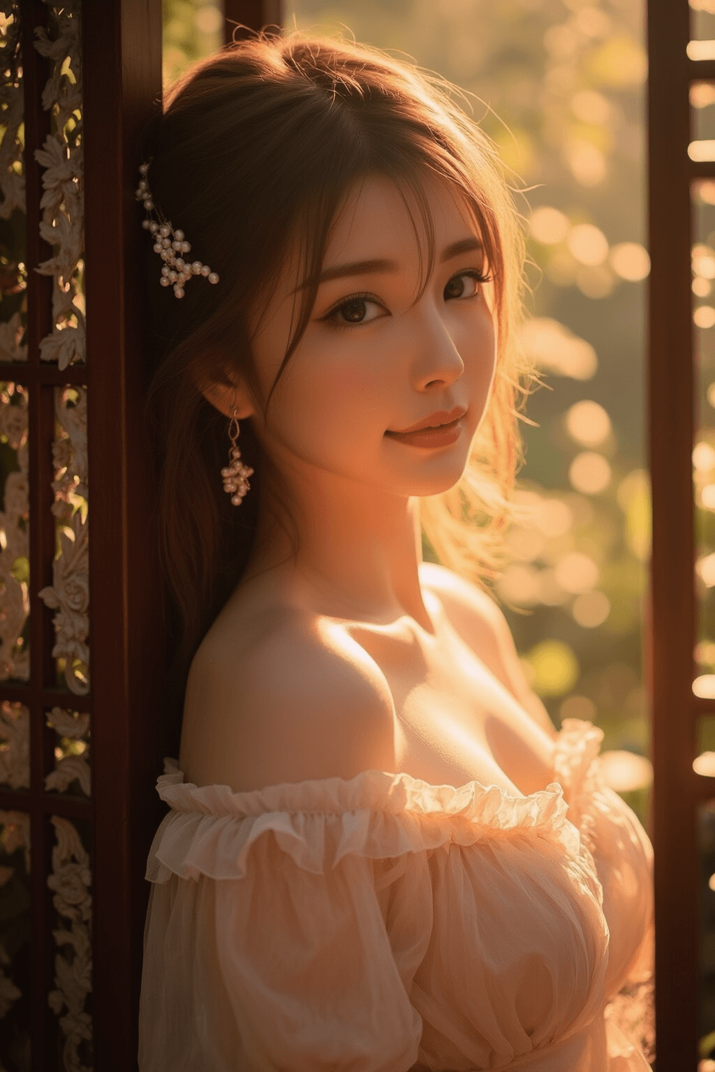 AI generated: A photorealistic portrait of a graceful young East Asian woman in a soft pastel Hanfu with an off-sh...
