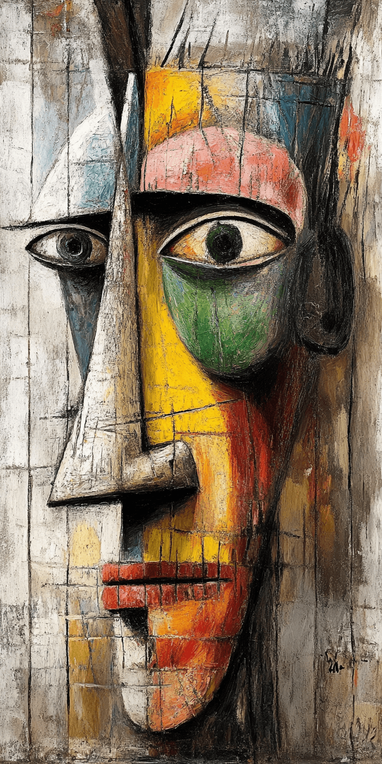 AI generated: woman's face, pable picasso, cubism, vibrant colors --chaos 75 --ar 1:2 --style raw --profile rsy6uq...