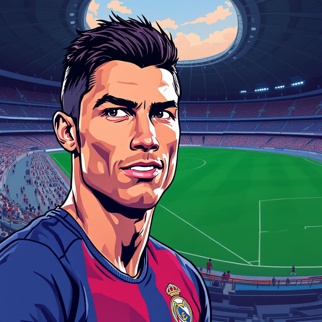 AI generated: Bold cartoon illustration of a [Cristiano Ronaldo
]; exaggerated facial features, thick outlines, an...