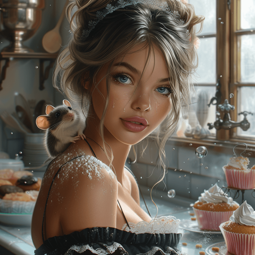 AI generated: dark blonde hair, cute mice, pink cupcake