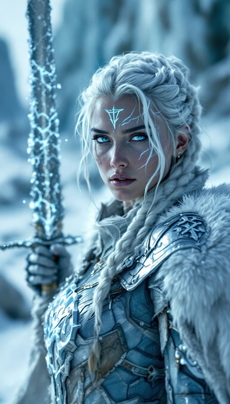 AI generated: A cinematic digital artwork featuring a resilient, female frost warrior in a resolute yet weary, bat...