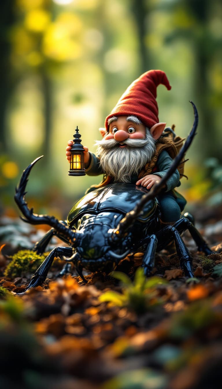 AI generated: "Hyper-realistic close-up of a cheerful gnome with a braided beard and a tiny lantern riding atop a ...