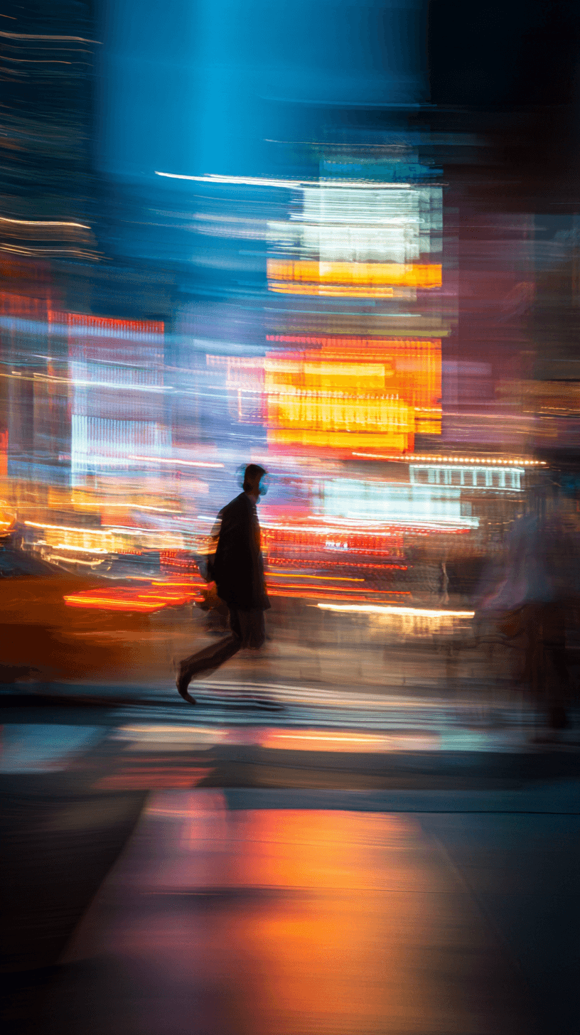 AI generated: cinematic photography, wide shot, vibrant street, at midnight, backdrop of blurred urban lights, mot...