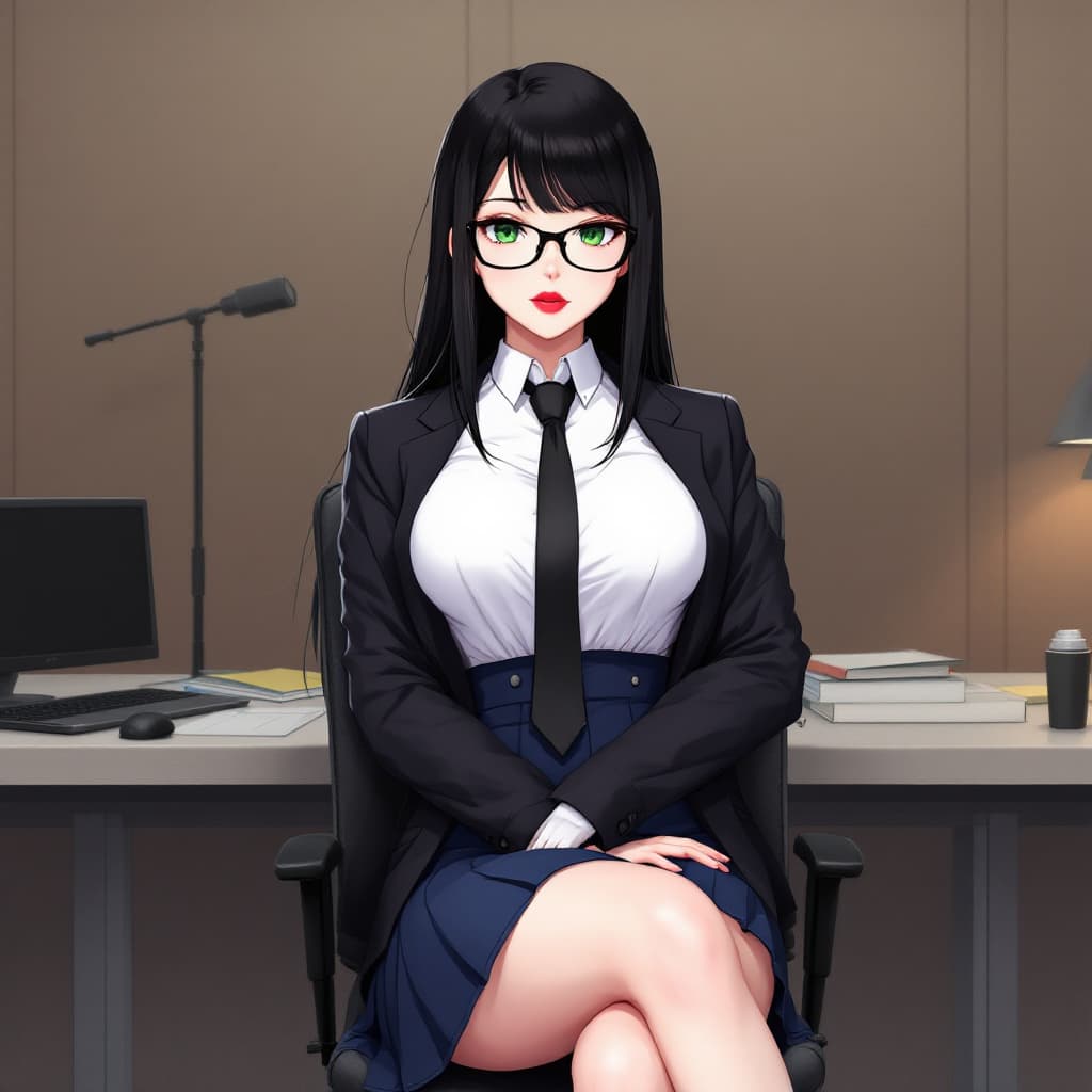 AI generated: anime, woman, black hair, long hair, green eyes, black glasses, red lips, white shirt, black tie, bl...