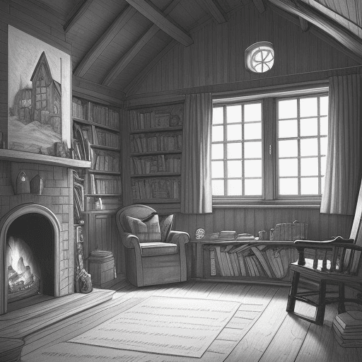 AI generated: Easy pencil drawing of the inside of a quaint cozy cabin, of the style of Harry Potter, but that sho...