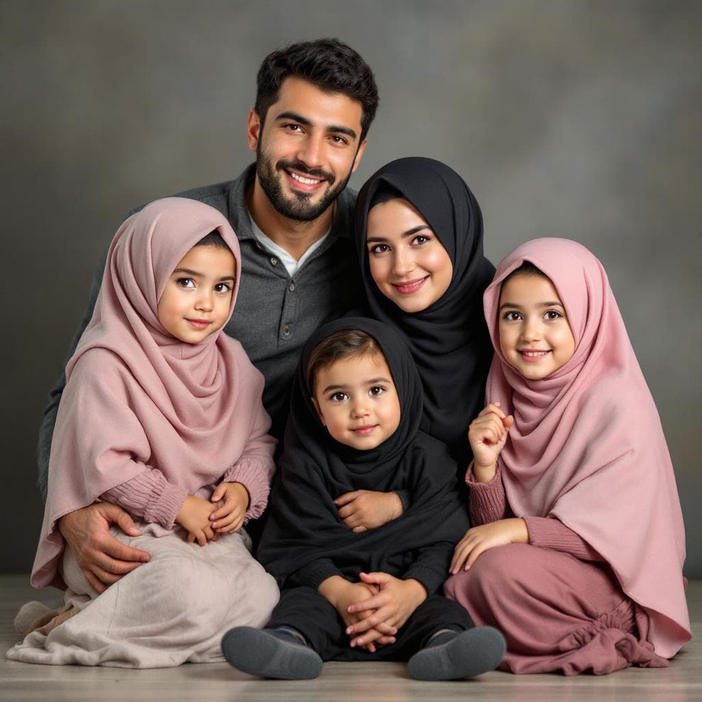 AI generated: A middle eastern Muslim 38 years old  mother with a beautiful family of 5, a husband, (two girls age...