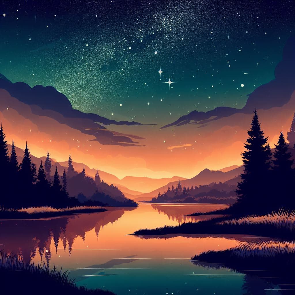 AI generated: Illustration of a starry night sky over a tranquil lake