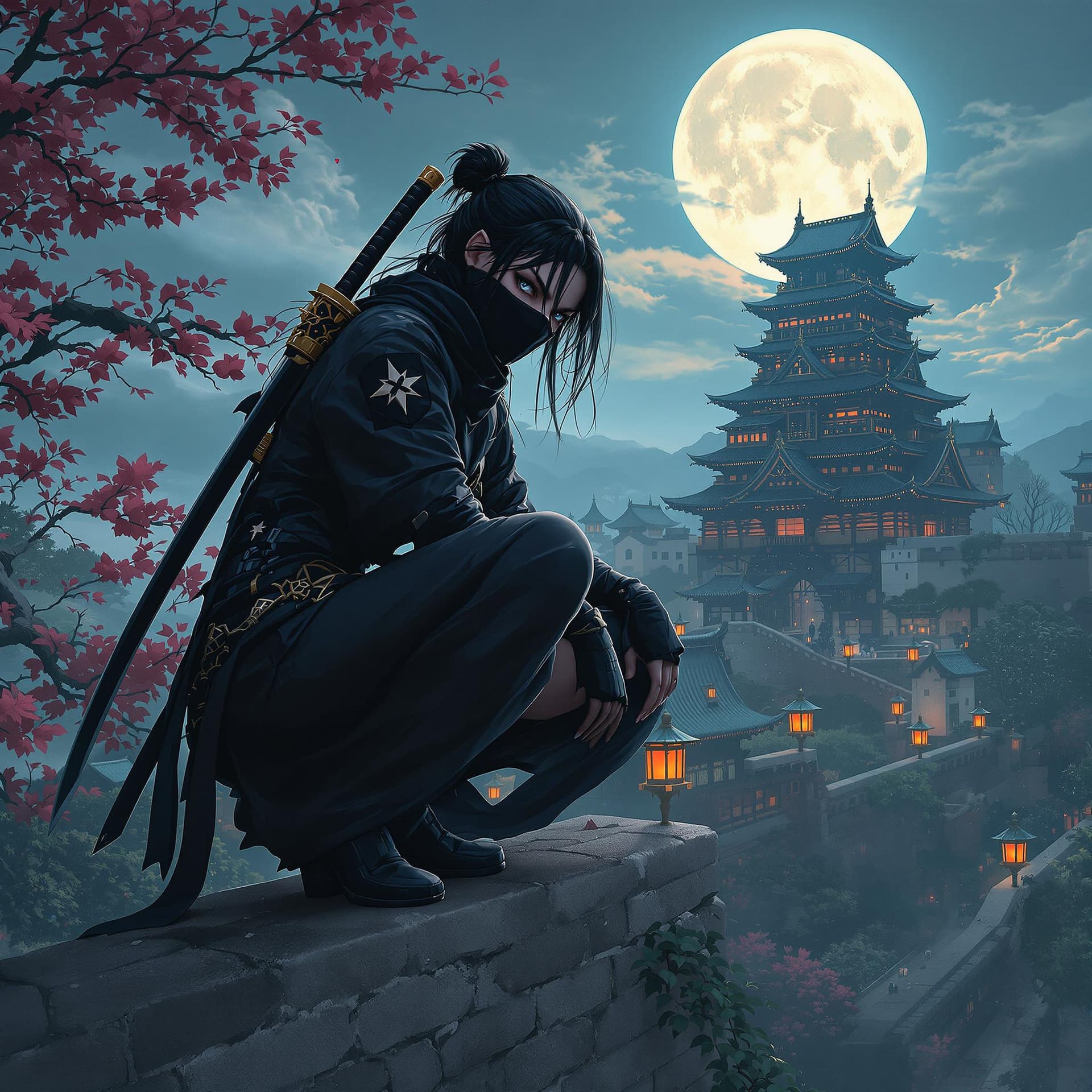AI generated: a close up digital fantasy artwork featuring female ninja character squatting high on a japanese cas...