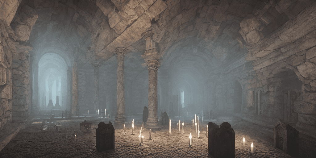 AI generated: View of a Crypt Hall, Eerie Underworld Atmosphere. The scene unfolds within the heart of a crypt, ba...