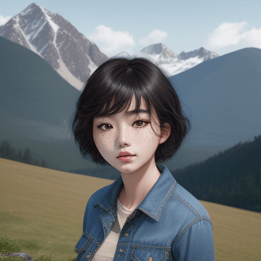 AI generated: Portrait of young beautiful Korean girl (freckles: 0.60) skin, black hair hairstyle with brown highl...