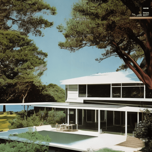 AI generated: Hyper realistic eye level exterior photo of a mid century modern style house overlooking the ocean, ...