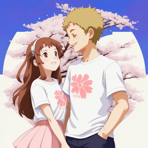 AI generated: Summer trip in the Tokyo , sakura lover , sweetheart couple, t-shirt design,banlance harmony space ,...